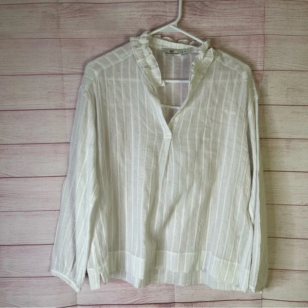 Vineyard‎ Vines White  Cotton Metal Fiber Stripe Ruffle Neck Pullover Blouse  XS